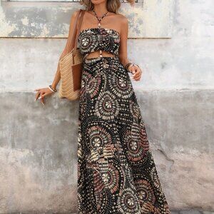 Black Bohemian Boho Women's Printed Halter Maxi Two Piece Dress
